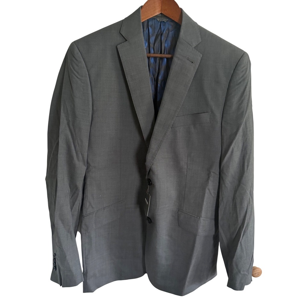 Indochino Mens Gray Two Button Tailored Blazer Jacket Blue Polka Dot Lining 42R